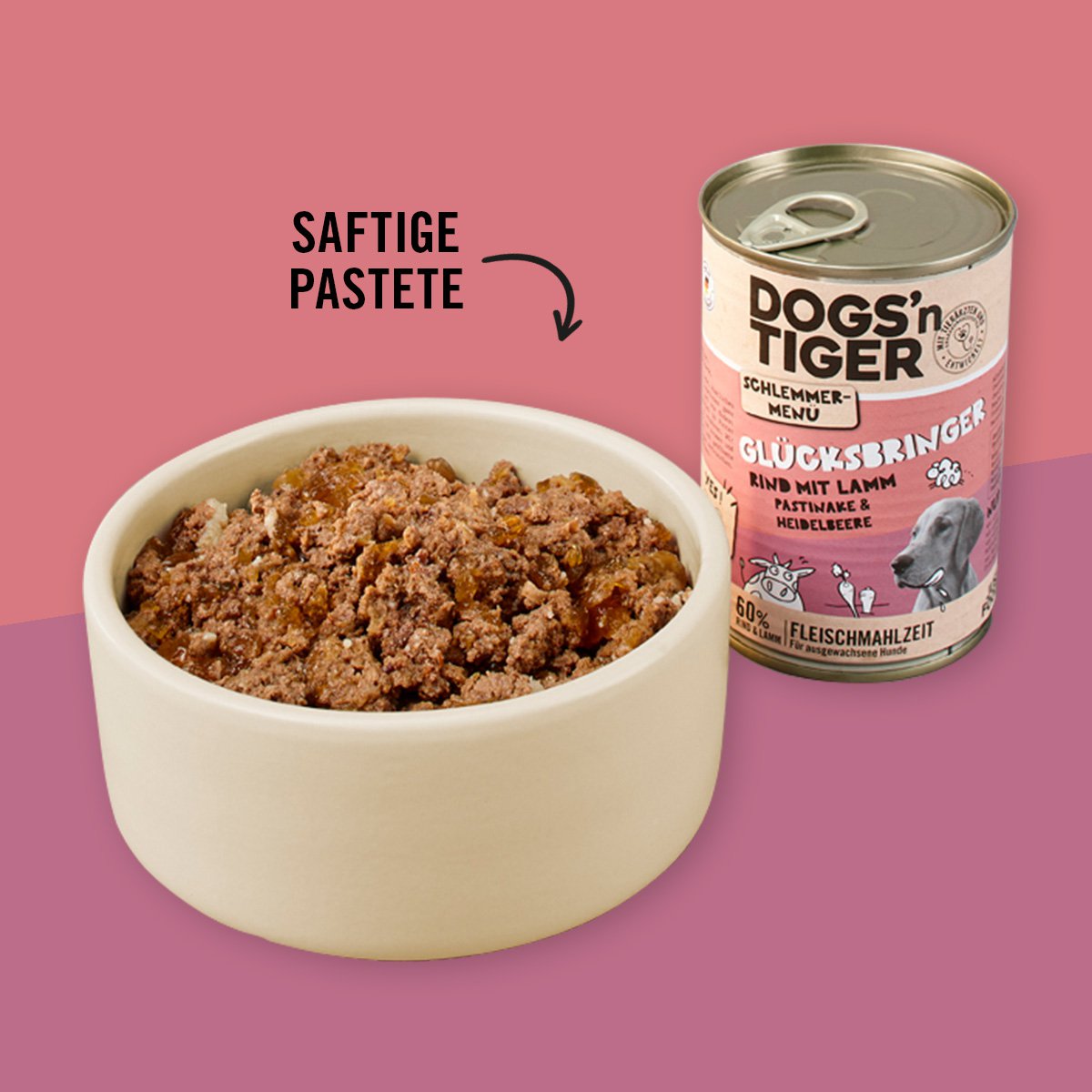 Comida húmeda para perros sin cereales – Carne de res, cordero, chirivía y arándanos