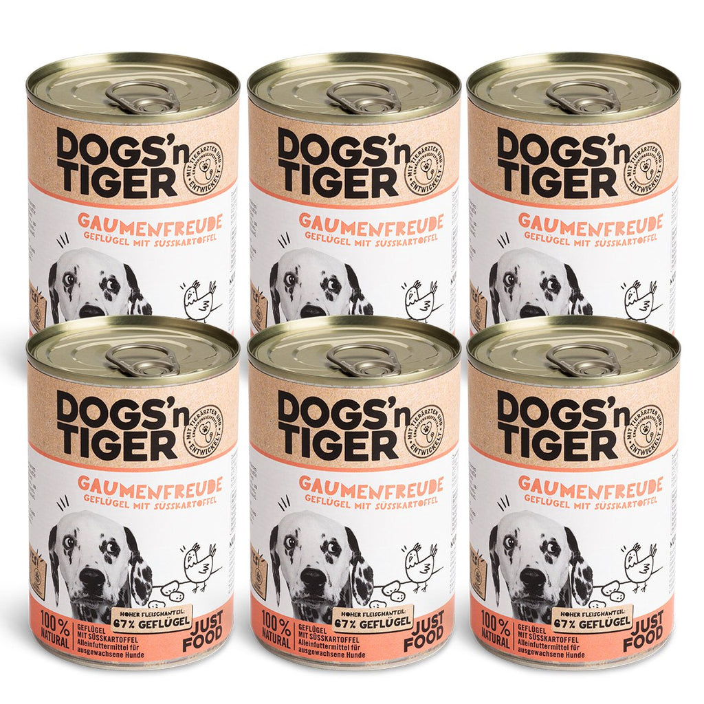 Dogs’n Tiger Adult Premium Hundefutter, Nassfutter, Getreidefrei, Gaumenfreude, Geflügel & Süßkartoffel