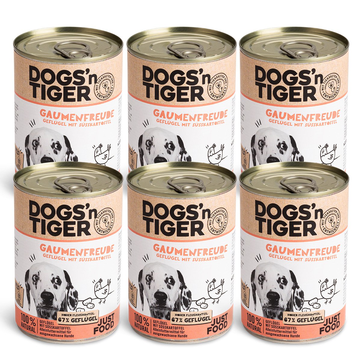 Dogs’n Tiger Adult Premium Hundefutter, Nassfutter, Getreidefrei, Gaumenfreude, Geflügel & Süßkartoffel