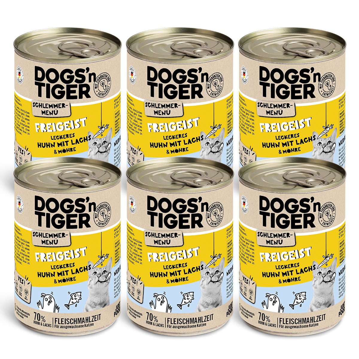 Dogs’n Tiger Adult, Katzenfutter, Freigeist, Katzen Nassfutter, Getreidefrei, Huhn, Lachs & Karotte