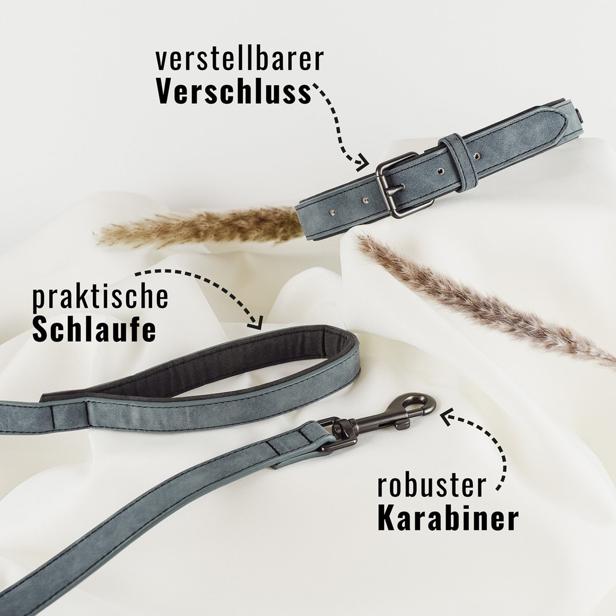 Hundehalsband- & Leinen-Set – Veganes Leder Blaugrau & Anthrazitgrau