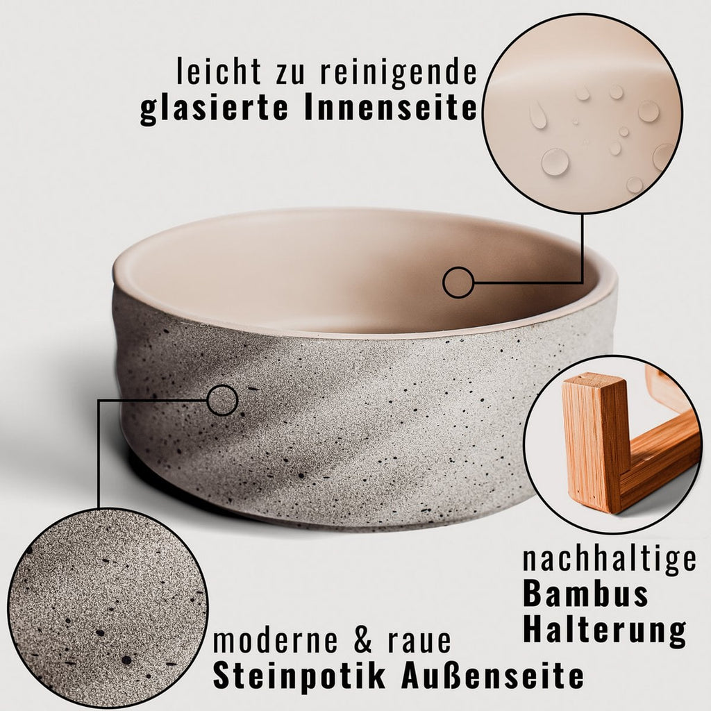 Ceramic double -food bowl with bamboo tap i 2er