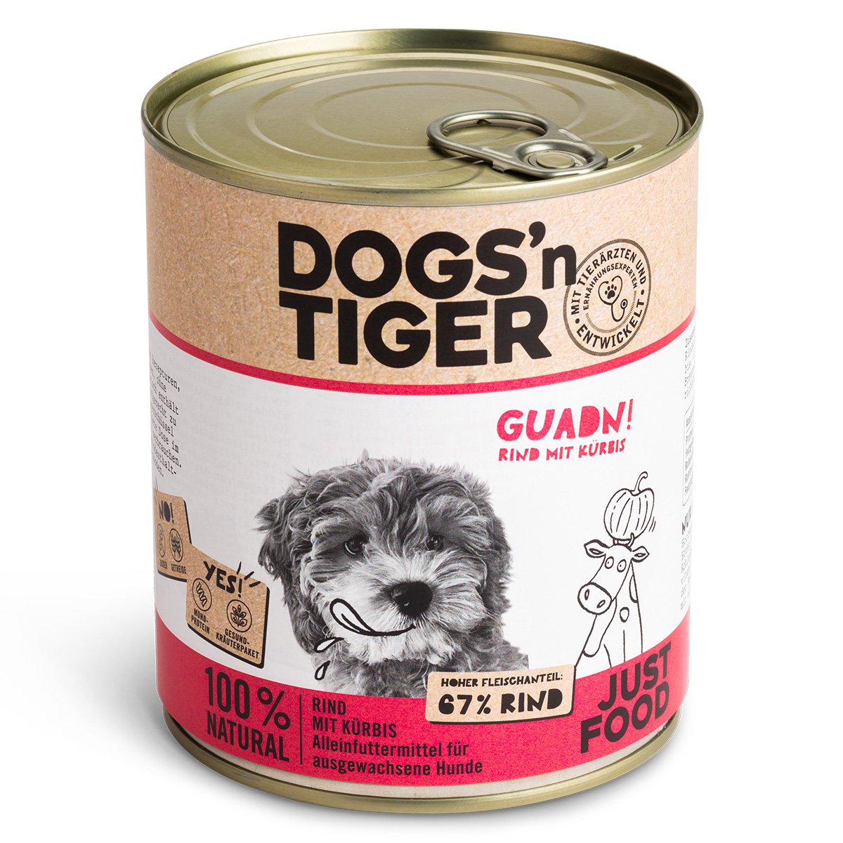 Dogs’n Tiger Adult Premium Hundefutter, Nassfutter, Getreidefrei, Guadn, Rind & Kürbis