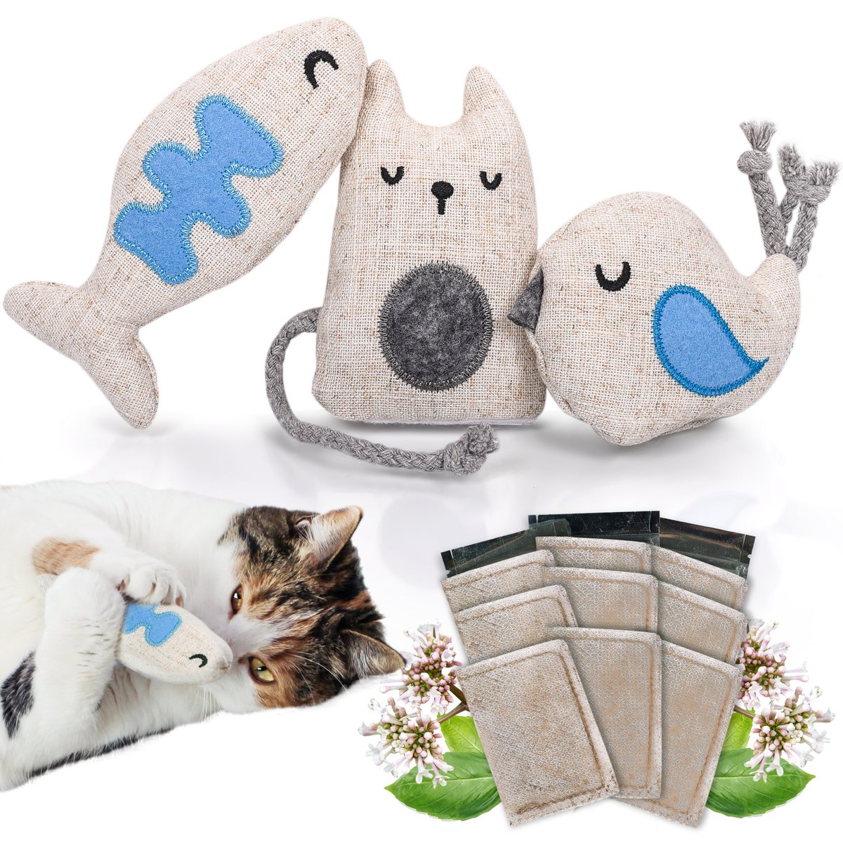 Set de juguetes para gatos – Rellenos de valeriana (3 piezas)