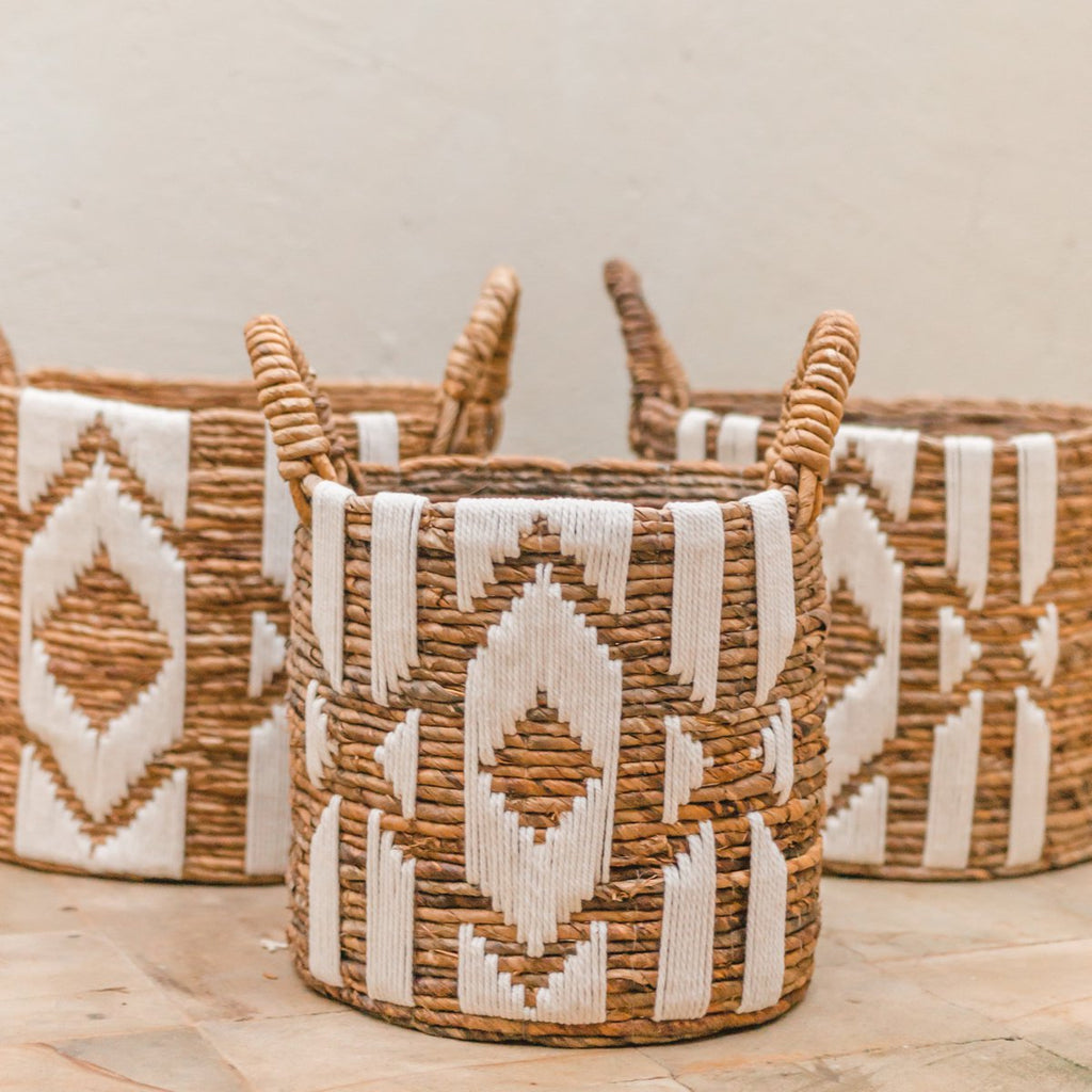 Cesto grande de fibra de plátano – Cesto redondo de ropa sucia y plantas con patrón de macramé de algodón