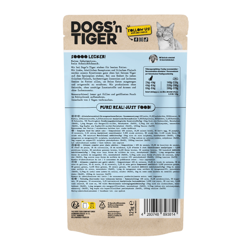 Adult Katzenfutter, Allerlei, Nassfutter für Katzen, Getreidefrei, Lachs mit Ei & Kürbis