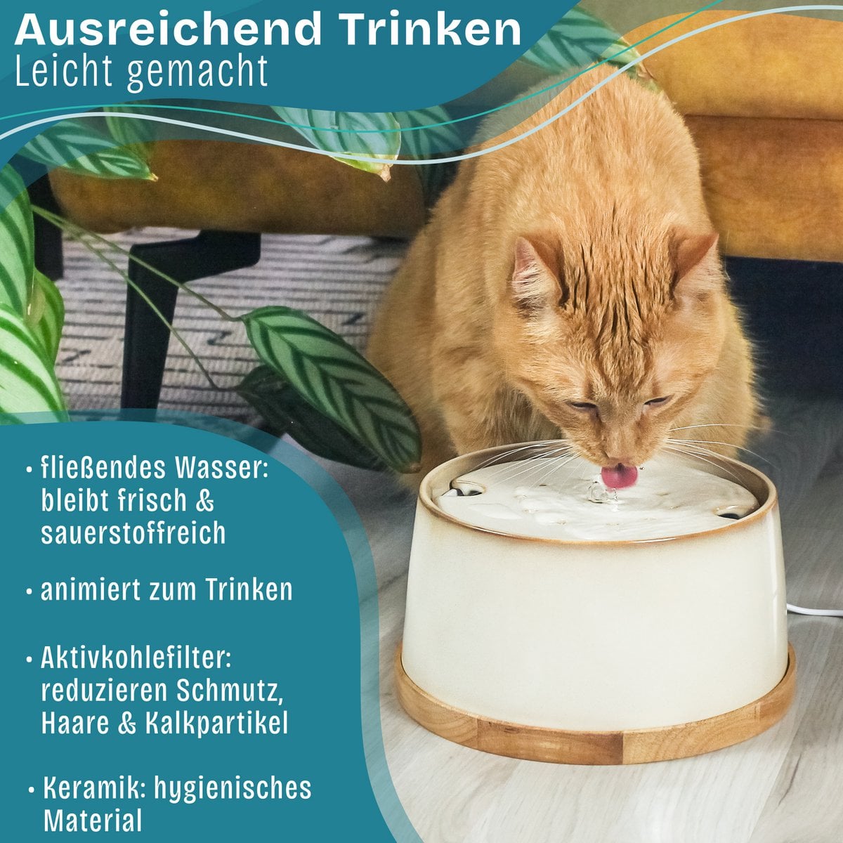 Ceramic drinking fountain for cats i bamboo base i induction