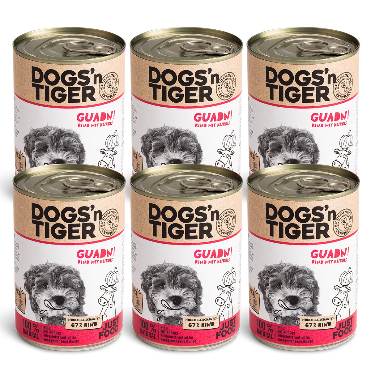 Dogs’n Tiger Adult Premium Hundefutter, Nassfutter, Getreidefrei, Guadn, Rind & Kürbis
