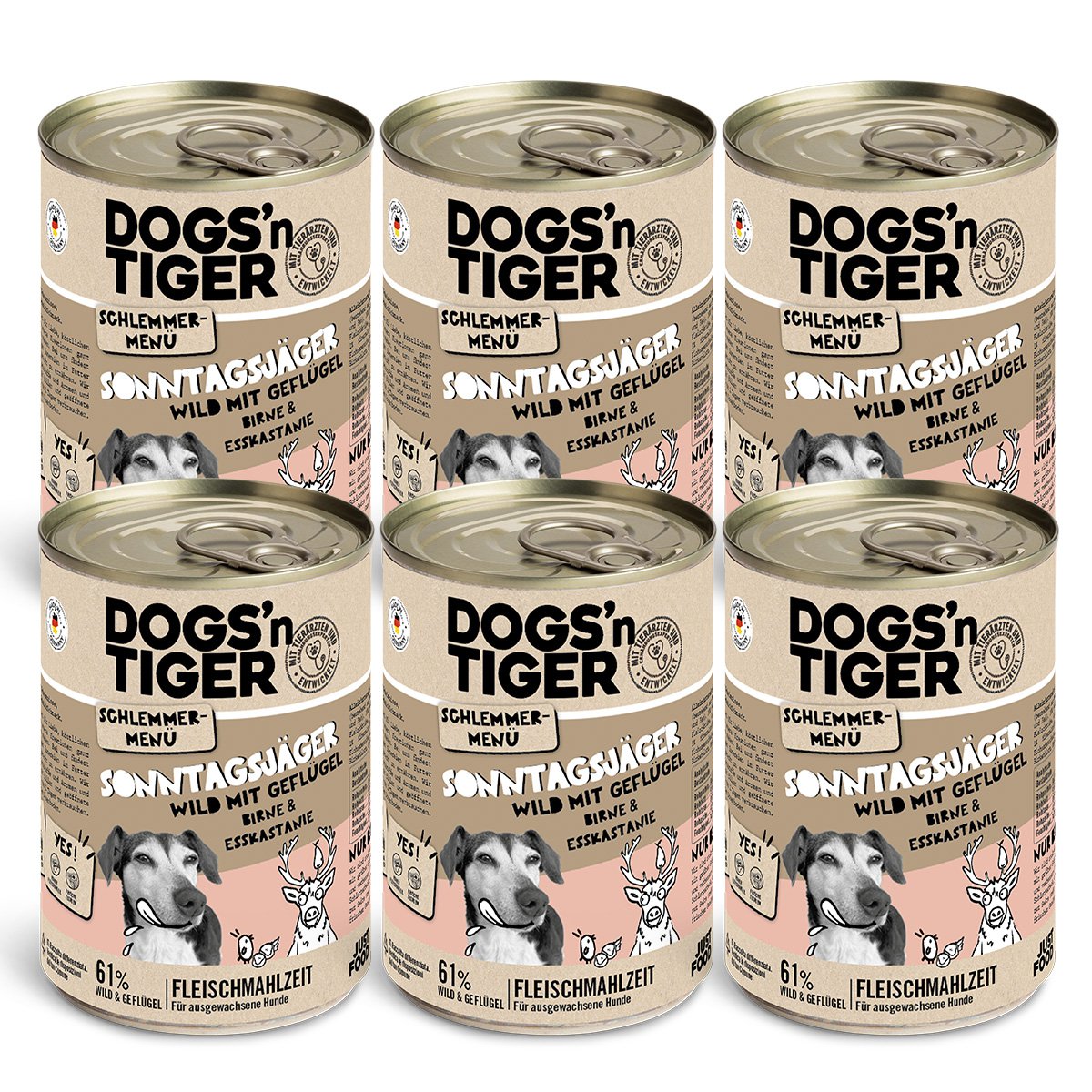 Dogs’n Tiger Adult Hundefutter, Sonntagsjäger, Hunde Nassfutter, Wild, Geflügel, Birne, Hirse & Karotte