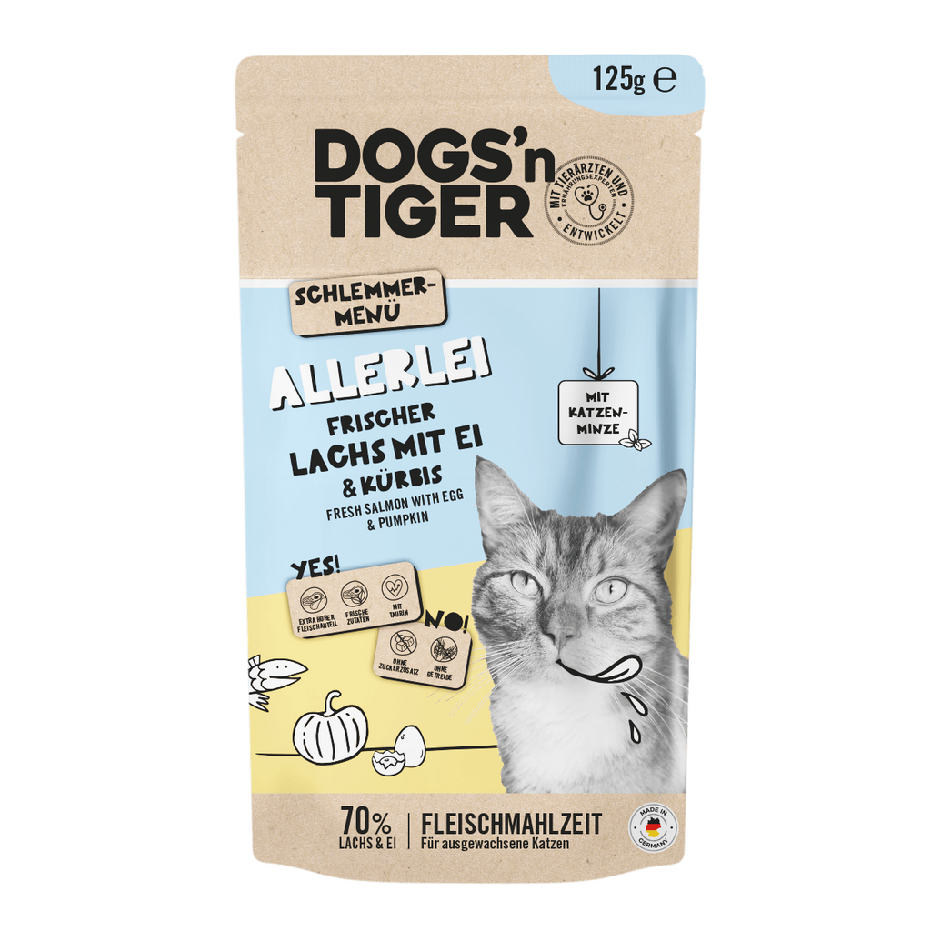 Adult Katzenfutter, Allerlei, Nassfutter für Katzen, Getreidefrei, Lachs mit Ei & Kürbis