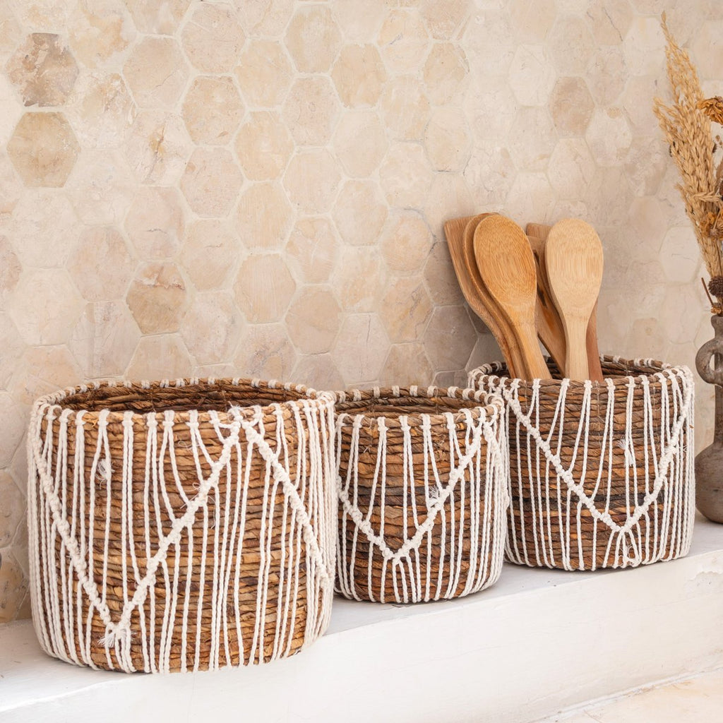 Kleiner Boho-Korb aus Seegras – Runder Pflanzen- und Blumenkorb