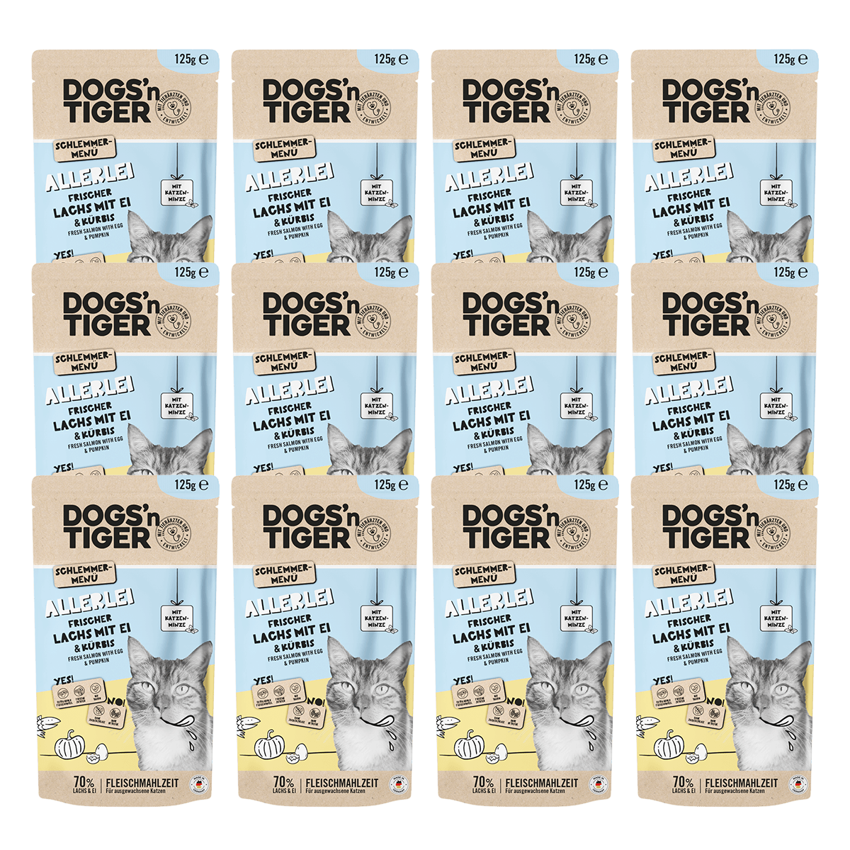 Adult Katzenfutter, Allerlei, Nassfutter für Katzen, Getreidefrei, Lachs mit Ei & Kürbis