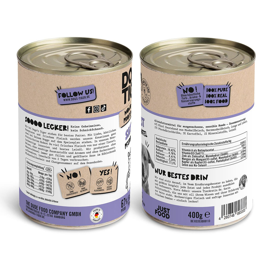 Dogs’n Tiger Adult Hundefutter, Nassfutter, Sattelfest, Getreidefrei, hypoallergen, Monoprotein, Pferd & Kartoffel