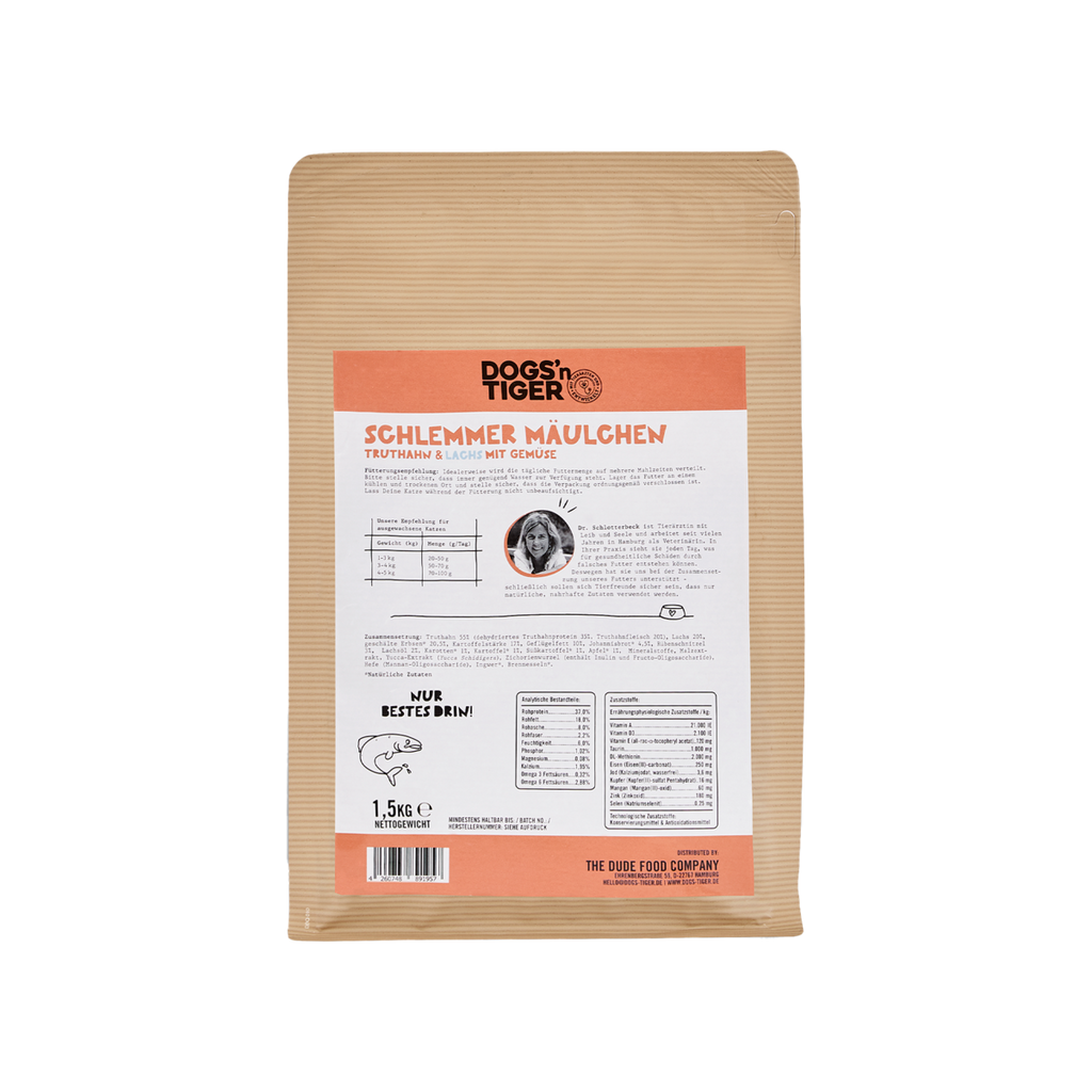 Dogs’n Tiger Adult Premium Katzenfutter, Trockenfutter, Getreidefrei, Schlemmermäulchen, Truthahn & Lachs