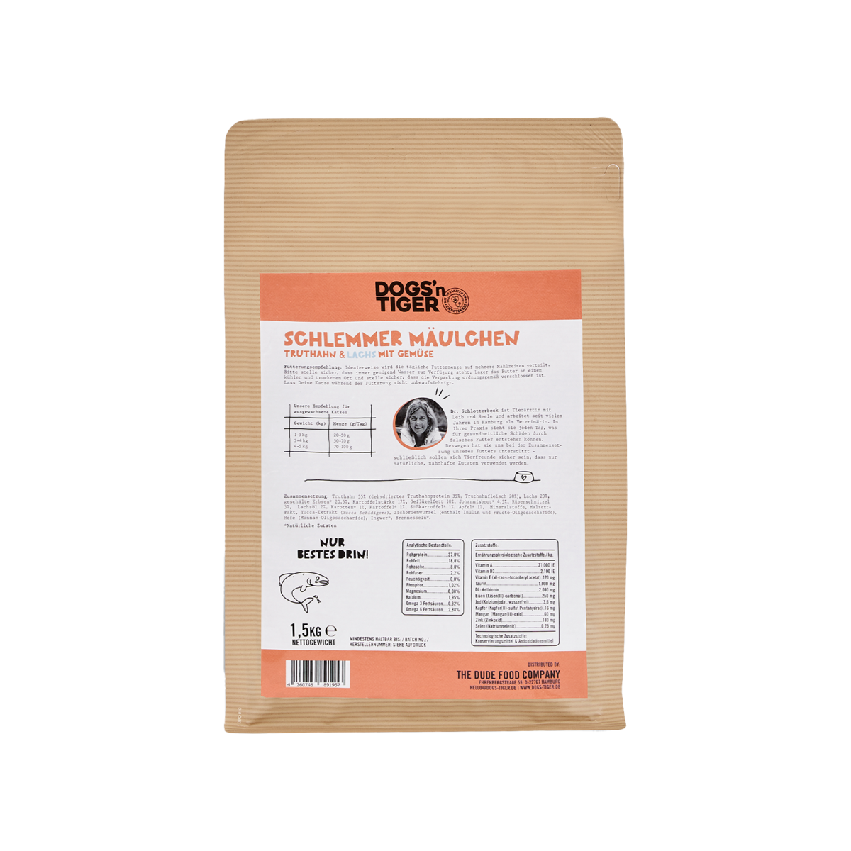 Dogs’n Tiger Adult Premium Katzenfutter, Trockenfutter, Getreidefrei, Schlemmermäulchen, Truthahn & Lachs