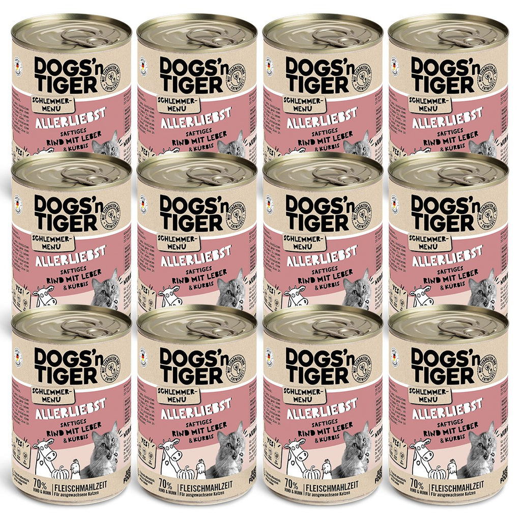 Dogs’n Tiger Adult Katzenfutter, Allerliebst, Nassfutter, Getreidefrei, Rind, Hühnerleber & Kürbis