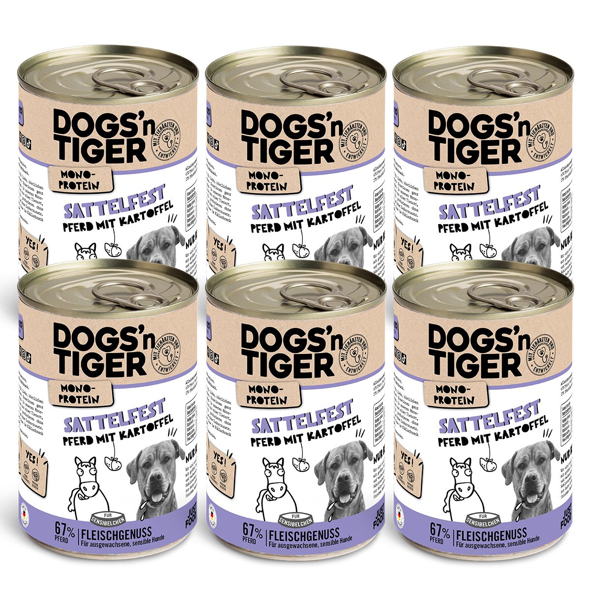 Dogs’n Tiger Adult Hundefutter, Nassfutter, Sattelfest, Getreidefrei, hypoallergen, Monoprotein, Pferd & Kartoffel