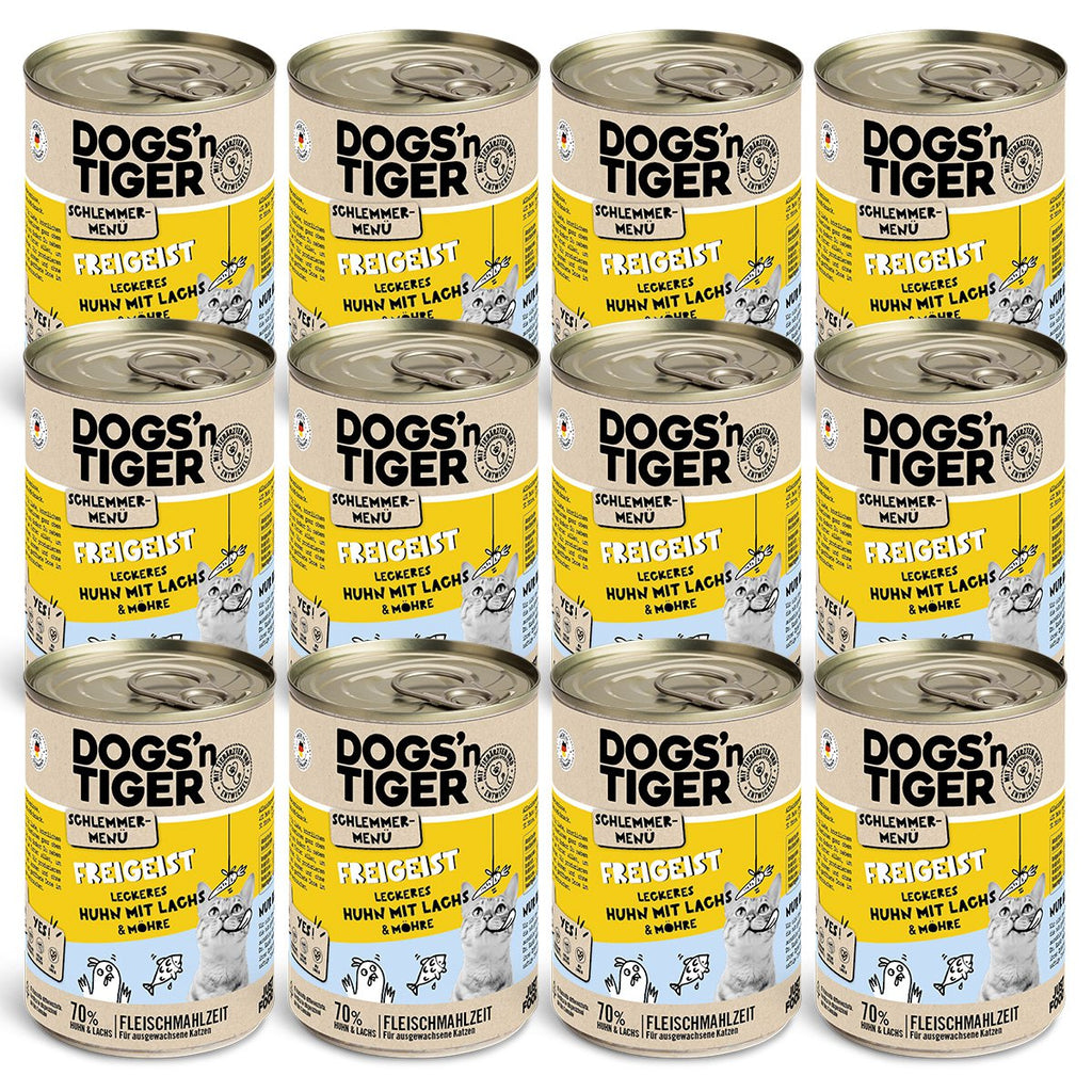Dogs’n Tiger Adult, Katzenfutter, Freigeist, Katzen Nassfutter, Getreidefrei, Huhn, Lachs & Karotte