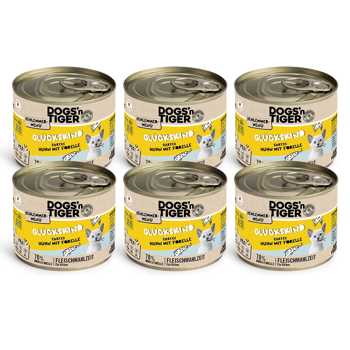 Dogs’n Tiger Junior, Kitten, Nassfutter, Katzenfutter, Getreidefrei, Glückskind, Huhn & Forelle