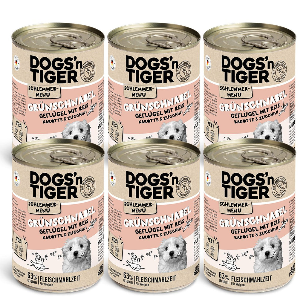 Dogs’n Tiger Junior, Hundefutter, Grünschnabel, Hunde Nassfutter, Welpen Futter, Geflügel, Getreidefrei, Naturreis, Karotte & Zucchini