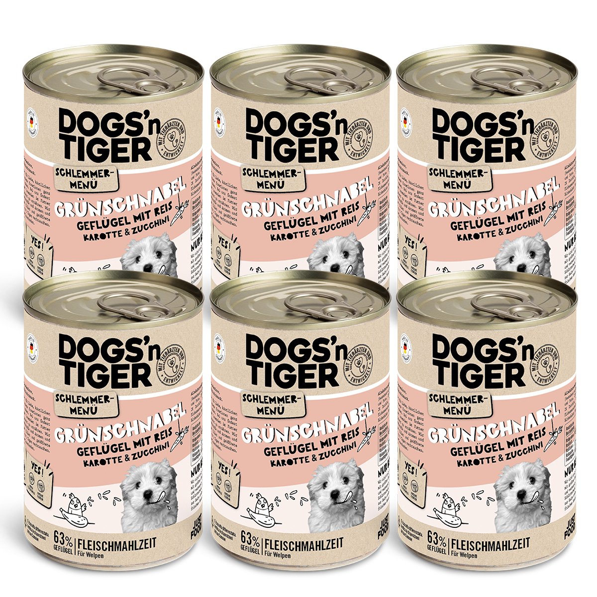 Dogs’n Tiger Junior, Hundefutter, Grünschnabel, Hunde Nassfutter, Welpen Futter, Geflügel, Getreidefrei, Naturreis, Karotte & Zucchini