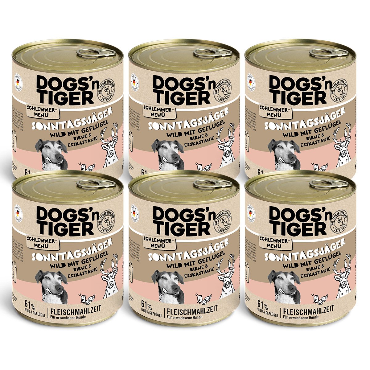 Dogs’n Tiger Adult Hundefutter, Sonntagsjäger, Hunde Nassfutter, Wild, Geflügel, Birne, Hirse & Karotte