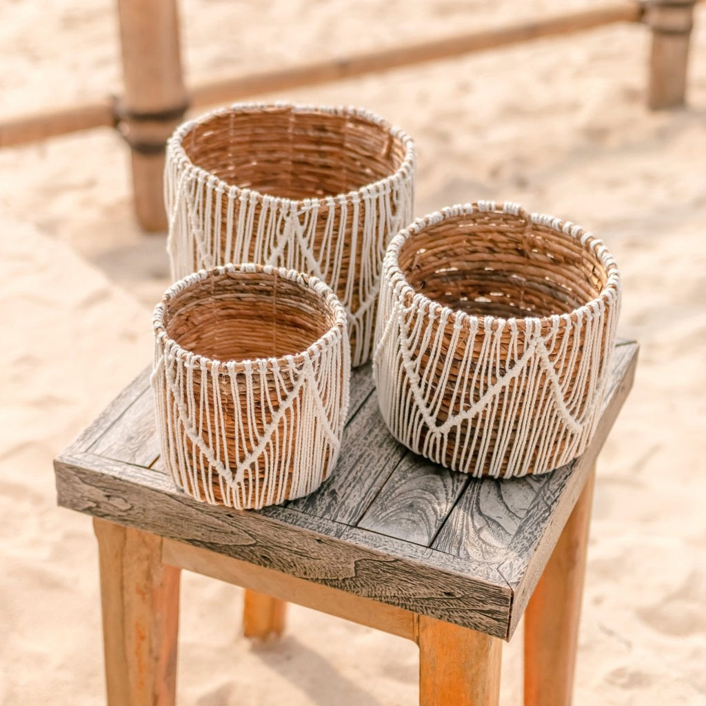 Kleiner Boho-Korb aus Seegras – Runder Pflanzen- und Blumenkorb