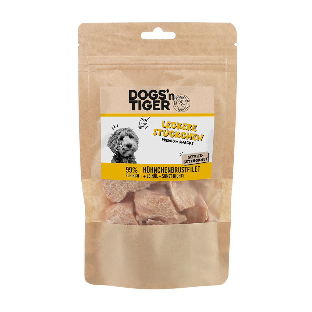 Hunde Snacks, Leckere Stückchen, Leckerlies, 99% gefriergetrocknetes Hühnchenbrustfilet